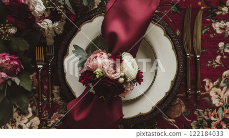 Elegant royal dining table adorned with luxurious floral arrangements for wedding or event, vintage tableware, and candles in a classic English countryside manor, creating a romantic and sophisticated 122184033