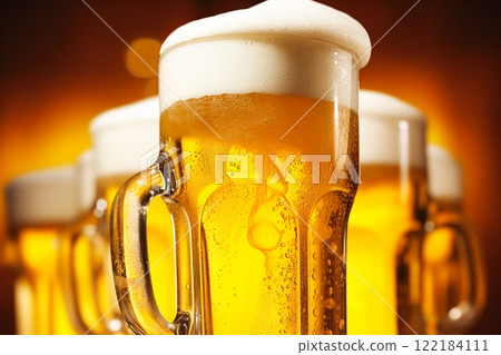 Glasses of cold beer with foam, pint of original premium beer drink, alcohol flavour and holiday celebration idea 122184111