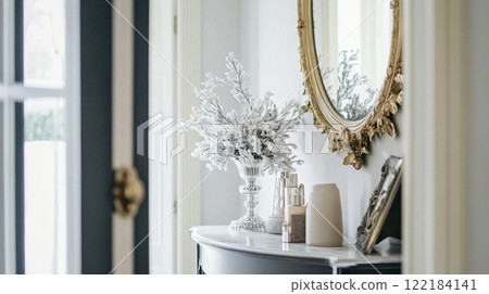 Winter interior design and decoration, elegant country cottage style room, soft neutral tones and cosy atmosphere in an English countryside manor home interior idea 122184141