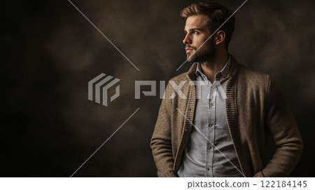 Handsome English man model dressed up smart casual fashion style, exuding refined masculinity and timeless elegance idea 122184145