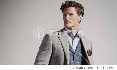 Handsome English man model dressed up smart casual fashion style, exuding refined masculinity and timeless elegance idea 122184160