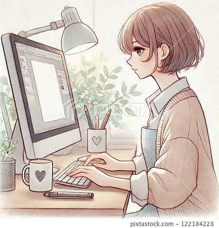 Calm scene of a female illustrator working at her desk 122184228