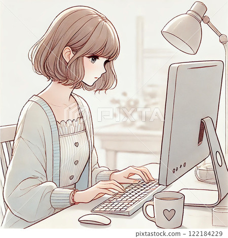 Calm scene of a female illustrator working at her desk 122184229
