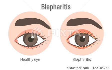Blepharitis. Healthy eye and inflamed eye. Medical infographic banner 122184238