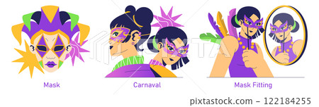 Mardi Gras illustration set. Captures the spirit of Carnival through vibrant masks and festive attire. Showcases the excitement of mask fitting and preparation for celebrations. Vector illustration. 122184255