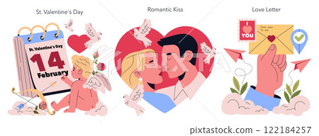 St. Valentines Day celebration set. Features a calendar marking February 14, a romantic kiss between a couple, and a love letter in hand. Represents love, affection, and heartfelt expressions. Vector 122184257