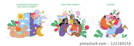 World Bipolar Day set. Awareness and support through circadian rhythms, long-term therapy, and community encouragement. Vector illustration. 122184258