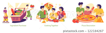 National Pizza Day celebration through food preparation. Families buying ingredients, cooking together, and decorating delicious pizzas. Emphasizing joy, creativity, and togetherness in the kitchen 122184267