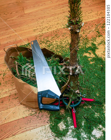 Christmas tree after the holidays with cut branches in a paper bag, needles all over the floor 122184385