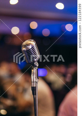 Professional microphone with pink purple background banner, Podcast or recording studio background copy space space for text 122184399