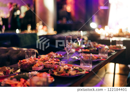 Served for banquet tables in a luxurious interior evening party Served for banquet tables in a luxurious interior evening party 122184401