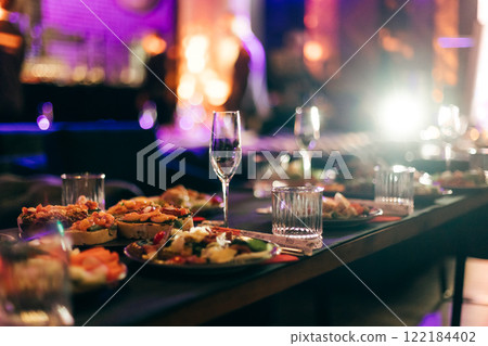 Served for banquet tables in a luxurious interior evening party 122184402