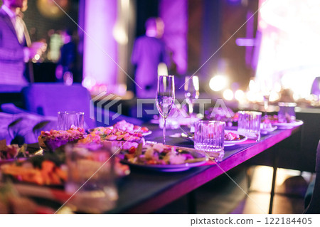 Served for banquet tables in a luxurious interior evening party Served for banquet tables in a luxurious interior evening party 122184405