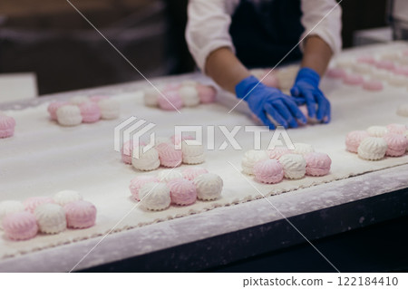 Woman in gloves packing zefir on confectionery industry line Woman in gloves packing zefir on confectionery industry line 122184410