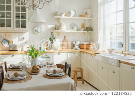 Scandinavian classic minimalistic kitchen with white and wooden details flowers. Modern white kitchen clean contemporary style interior design. Empty bright white interior minimal of kitchen Scandinavian classic minimalistic kitchen with white and wooden details flowers. Modern white kitchen clean contemporary style interior design. Empty bright white interior minimal of kitchen 122184523