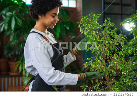 Running of own business. African woman florist wearing apron taking care of plants in botanical store. Happy small business owner working at flower shop smiling surrounded by plants Small business Running of own business. African woman florist wearing apron taking care of plants in botanical store. Happy small business owner working at flower shop smiling surrounded by plants Small business 122184535