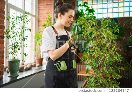 Running of own business. Woman florist wearing apron taking care of green plants in botanical store. Happy small business owner working at flower shop standing surrounded by plants. Small business Running of own business. Woman florist wearing apron taking care of green plants in botanical store. Happy small business owner working at flower shop standing surrounded by plants. Small business 122184547