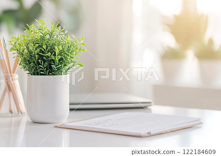 Green potted plant on a white desk, clipboard with notes in the foreground, blurred bright background, natural decor, concept of eco-friendly workspace Green potted plant on a white desk, clipboard with notes in the foreground, blurred bright background, natural decor, concept of eco-friendly workspace 122184609
