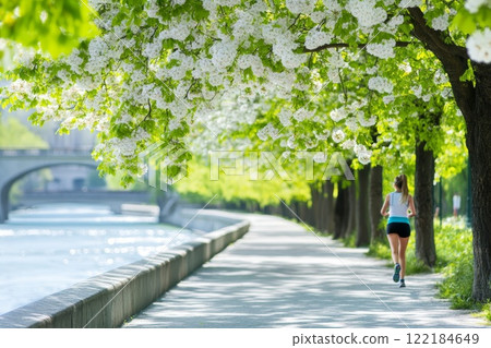 Runner exercises along a scenic tree-lined path beside a river during springtime 122184649