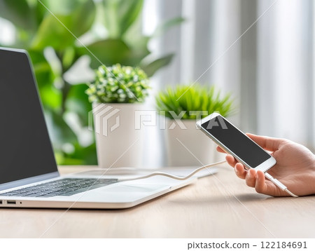 Close-up of a hand holding a charging smartphone connected to a laptop, bright workspace with green plants in the background, concept of technology and connectivity Close-up of a hand holding a charging smartphone connected to a laptop, bright workspace with green plants in the background, concept of technology and connectivity 122184691