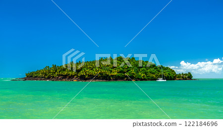 View of Saint Joseph Island from Isle Royale in archipelago of Salvation Islands in French Guiana, South America 122184696