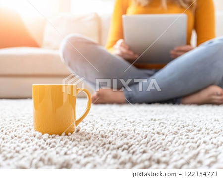 A close-up of a coffee mug with a woman working on a laptop in the background, ideal for home office, freelancing, and productivity visuals 122184771