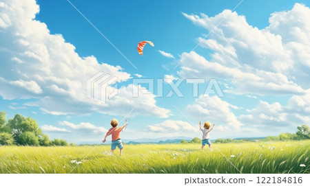 Children enjoy a sunny day flying a colorful kite in a vast green field under a bright blue sky 122184816