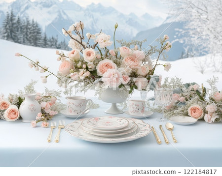 Elegant winter table setting with flowers and fine china in a snowy mountain landscape 122184817