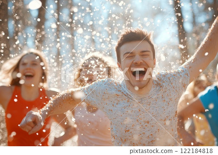 Joyful group of people running and splashing water in a sunlit forest during a summer day 122184818
