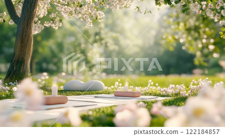 Serene outdoor yoga session under blossoming trees in a tranquil springtime garden 122184857