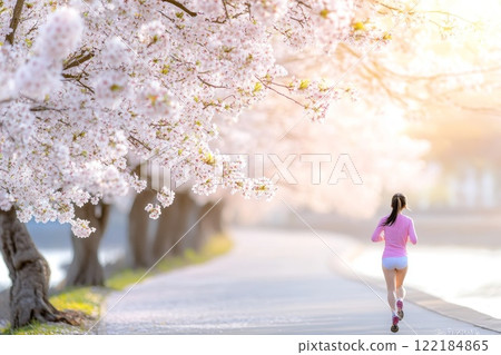 Runner enjoys a spring morning jog under blossoming cherry trees by the riverside Runner enjoys a spring morning jog under blossoming cherry trees by the riverside 122184865
