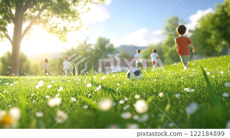 Children play soccer in a sunny park on a... - Stock Illustration ...