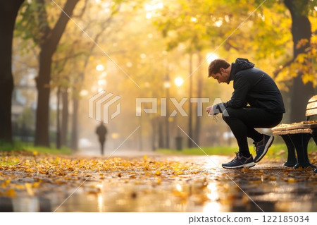 Man sitting on a bench in a park during fall, contemplating amidst autumn leaves and a misty background 122185034
