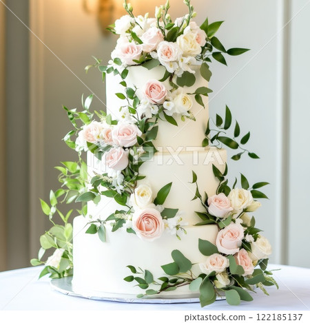 Elegant wedding cake adorned with fresh flowers, showcasing a beautiful design at a reception venue 122185137