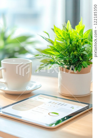 Desk with a potted plant, books, and a pen, showcasing minimalist workspace organization and greenery decor 122185350