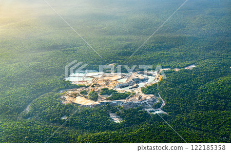 Aerial view of Bonasika Bauxite Mine in the Amazon rainforest of Guyana, South America 122185358