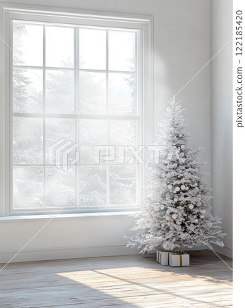 Childs hand holding a glittery transparent ornament with blurry Christmas lights behind winter holiday decor 122185420