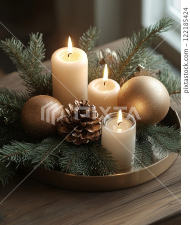 Childs hand holding a glittery transparent ornament with blurry Christmas lights behind winter holiday decor 122185424