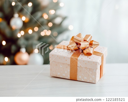 A childs hand holding a glitter-filled transparent Christmas ornament, blurred holiday lights in the background, festive scene 122185521