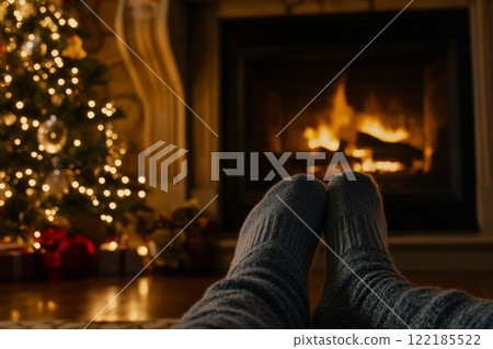 A childs hand holding a glitter-filled transparent Christmas ornament, blurred holiday lights in the background, festive scene 122185522
