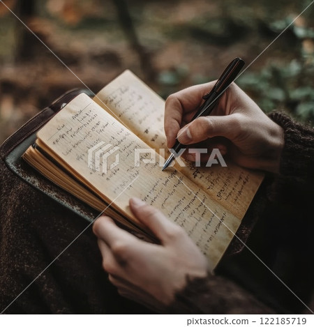 Womans hand writing in notebook with pen, emphasizing creativity, personal thoughts, and self-reflection 122185719