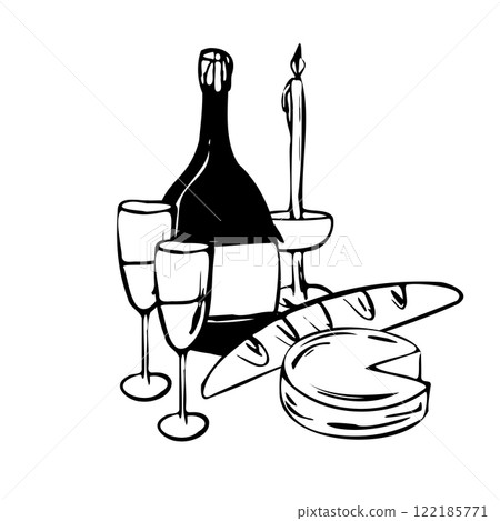 Hand drawn vector illustration of dinner composition with a bottle, two wine glasses, a candle, bread, and cheese. Black and white line art style for menu, invitation, posters, prints, and decorations Hand drawn vector illustration of dinner composition with a bottle, two wine glasses, a candle, bread, and cheese. Black and white line art style for menu, invitation, posters, prints, and decorations 122185771