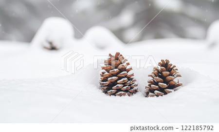 Snow-covered pinecones resting on the ground with a blurred wintery background cold nature 122185792