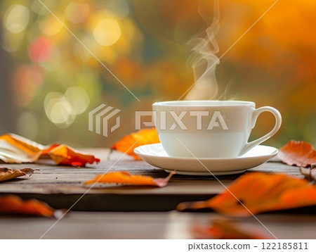 Warm drink in a white cup with steam autumn leaves on a table outdoors in the sunshine 122185811