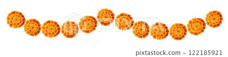 Yellow orange marigold flowers border. Indian traditional floral festive garland toran. Zendu flowers isolated on background Party decor for Halloween, Dia de los Muertos holiday. Vector illustration Yellow orange marigold flowers border. Indian traditional floral festive garland toran. Zendu flowers isolated on background Party decor for Halloween, Dia de los Muertos holiday. Vector illustration 122185921