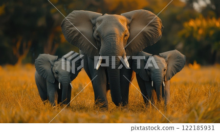 Family of elephants walking through tall grass during sunset in the savanna. Generative AI Family of elephants walking through tall grass during sunset in the savanna. Generative AI 122185931