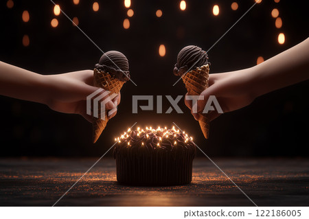 Delightful Hands Holding Waffle Cones Filled with Chocolate Ice Cream Beside a Chocolate Cake 122186005