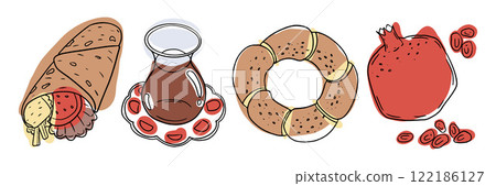 A traditional Turkish breakfast spread featuring simit, tea, and pomegranate. Perfect for culinary, Mediterranean cuisine, or morning food themes A traditional Turkish breakfast spread featuring simit, tea, and pomegranate. Perfect for culinary, Mediterranean cuisine, or morning food themes 122186127