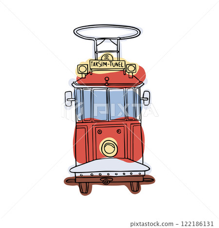 Charming red Istanbul tram from Taksim. A vintage design perfect for showcasing iconic urban transportation, Turkish culture, and historical travel themes 122186131