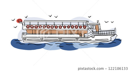 Illustrated Bosphorus ferry cruising the sea, representing Istanbul scenic views and cultural charm. Great for nautical, travel, or urban exploration designs 122186133